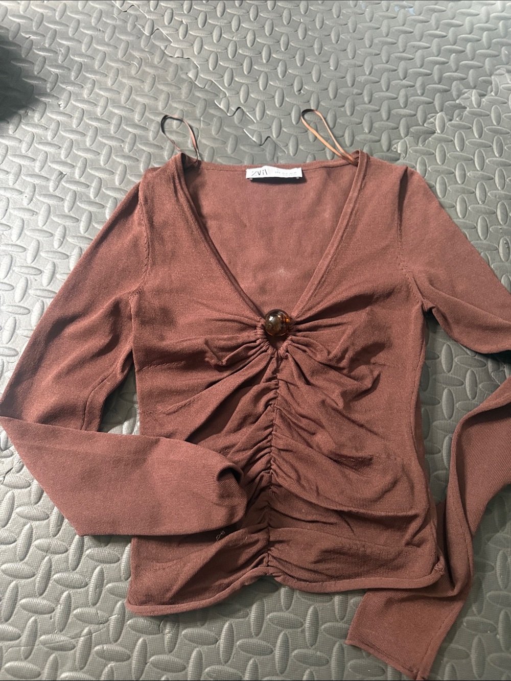 ZARA Chocolate Brown Ruched V-Neck Long Sleeve Top with Center Accent